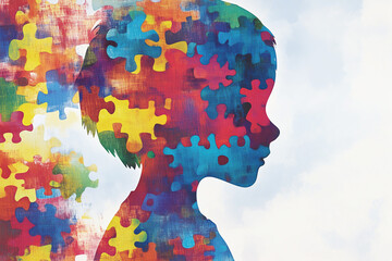 Child's head made of colorful puzzle pieces. World Autism Awareness Day, April 2. World Autism Awareness Day or Month concept and child mental health concept.