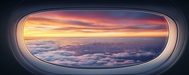 Naklejka premium The striking skyline appears outside an aircraft window during the sunset