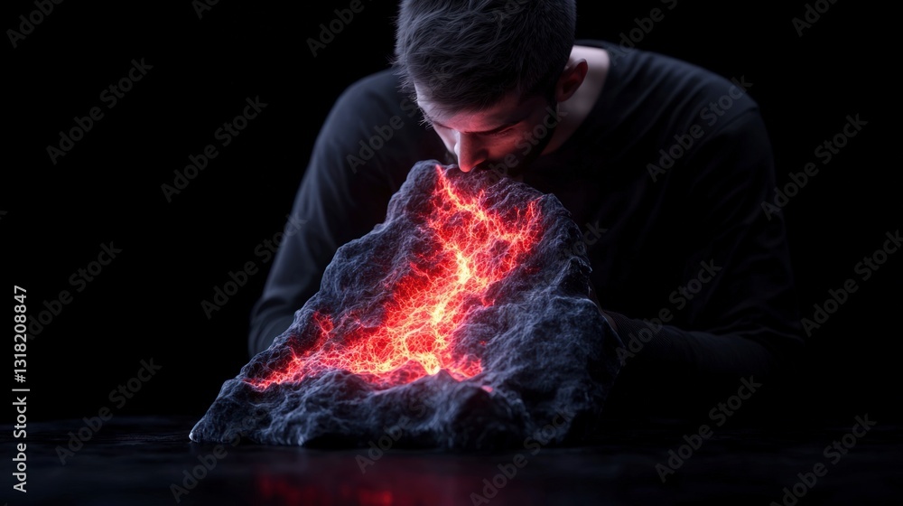 Poster man examining glowing rock ai generated high resolution image