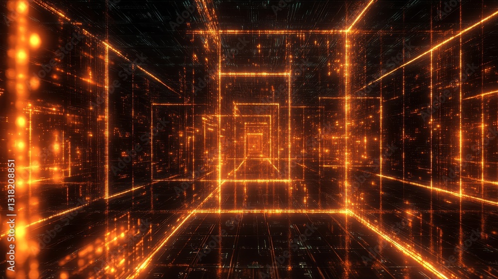 Poster a mesmerizing view of a futuristic digital grid filled with glowing orange lines and particles. this
