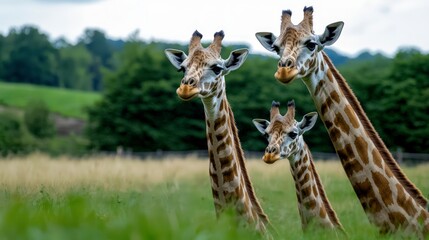 Obraz premium Three Giraffes in Lush Green Meadow Wildlife Safari Zoo Animals