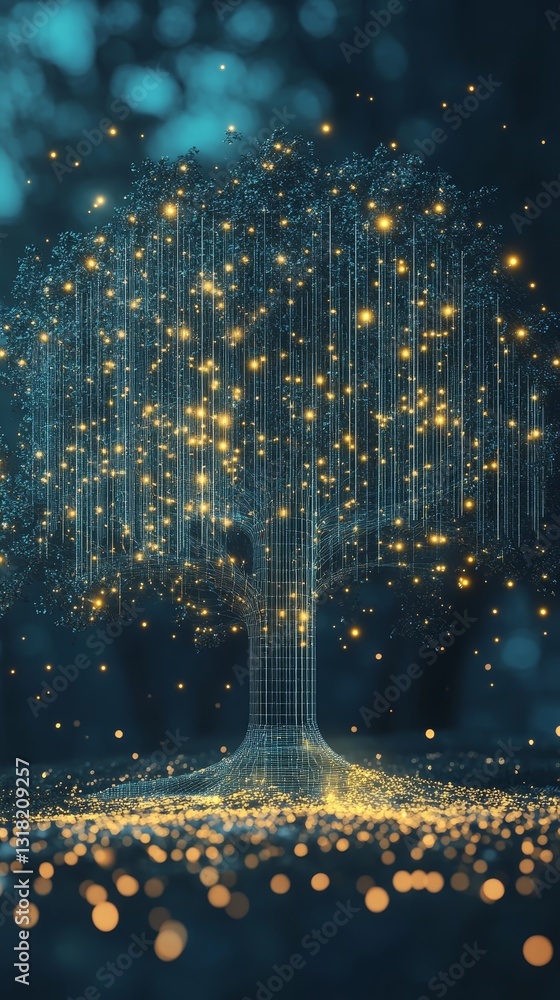 Poster a tree with glowing lights on it. the tree is surrounded by a lot of light, making it look like it's