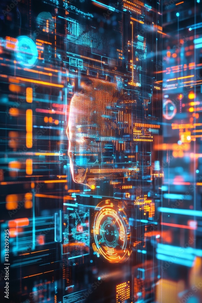 Poster a computer generated image of a face with a blue background. the face is surrounded by a lot of oran