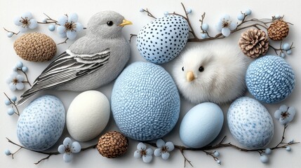 Pastel Eggs And Birds Arrangement On Light Background