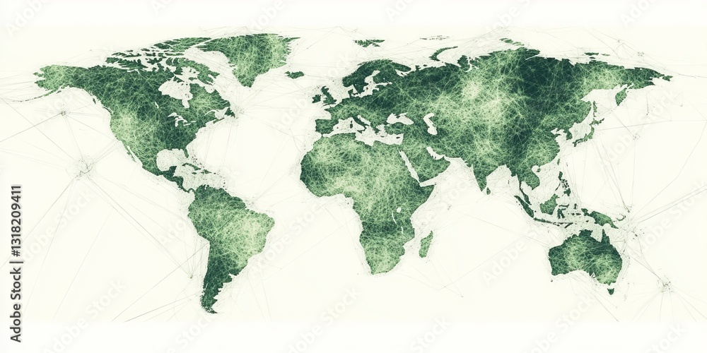 Poster this abstract green world map visually represents interconnectedness through geometric lines. ideal 