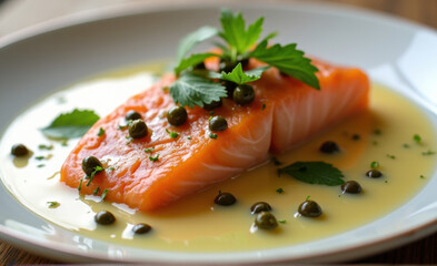 salmon steak with lemon sauce and capers