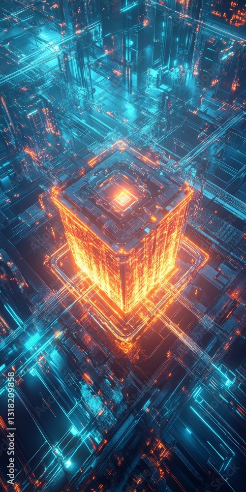 Poster a stunning abstract representation of a glowing cube surrounded by intricate neon circuitry. ideal f