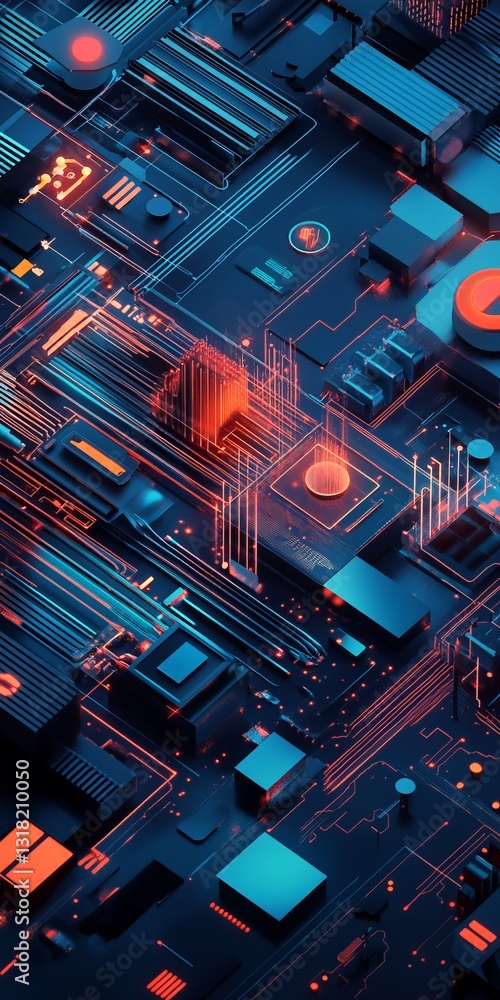 Poster explore the vibrant world of abstract digital design showcasing iot components and shapes, character