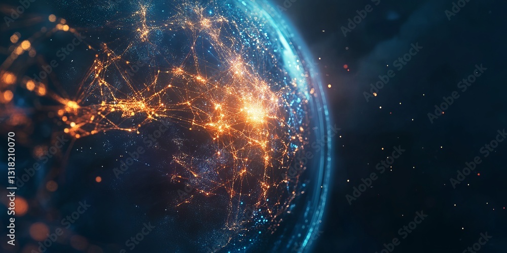 Poster explore an abstract representation of global networks and iot connections, showcasing bright lines a
