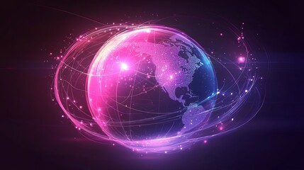 Obraz premium Explore the abstract digital representation of IoT networks, showcasing global connections and vibrant illumination that symbolize innovation and technology.