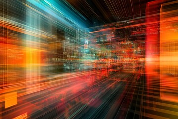 Fototapeta premium Explore a vibrant conceptual visualization depicting data flow in an abstract digital environment, showcasing bright colors and dynamic motion for a futuristic aesthetic.