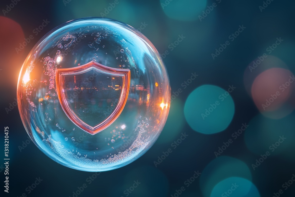 Poster a bubble with a red shield on it. the bubble is surrounded by a blurry background