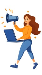 A woman is holding a microphone and standing in front of a laptop