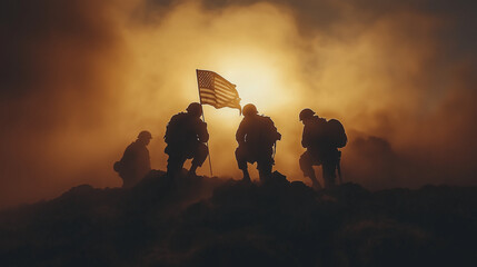 Memorial Day, Soldiers Raising American Flag at Sunrise on Battlefield, Ai Generated images.