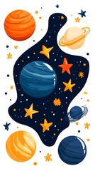 A colorful painting of planets and stars with a blue background