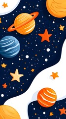 A colorful poster of planets and stars with a white background