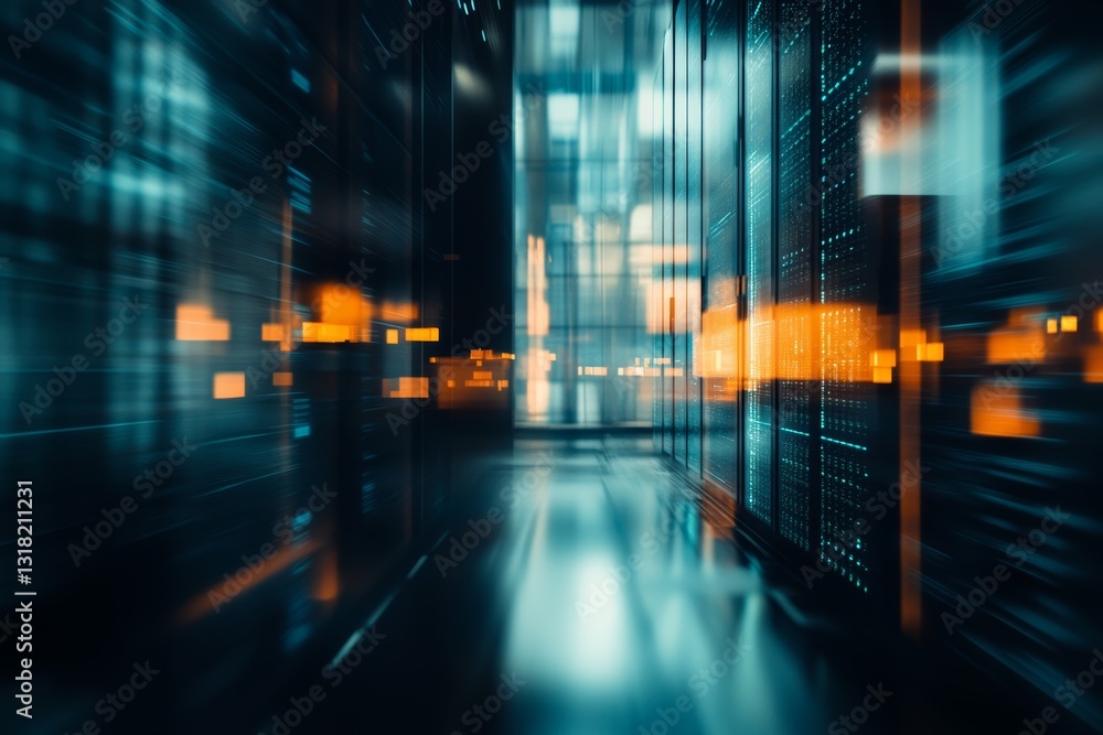 Poster a captivating view of a futuristic data center showcasing abstract digital elements and blurred ligh