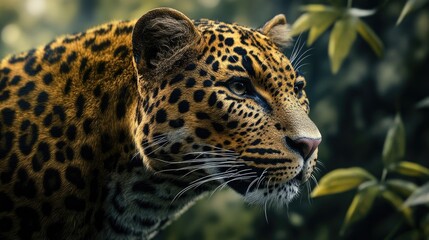 Fototapeta premium A Beautiful Leopard Head Surrounded By Green Foliage