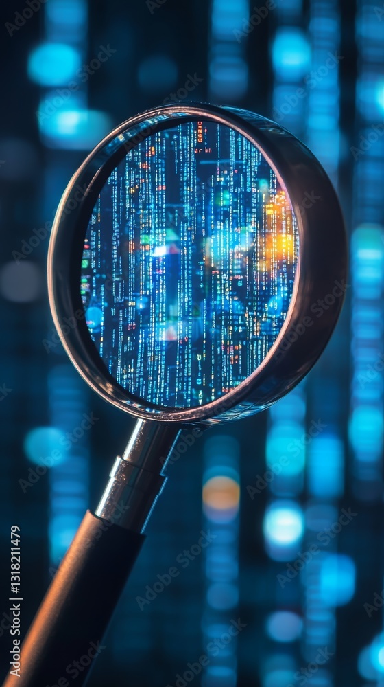 Poster a magnifying glass highlights intricate data patterns against a blue background, symbolizing the exp
