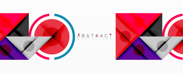 Abstract geometric composition with intersecting triangles, circles, and gradients, creating a dynamic layered pattern with depth and contrast