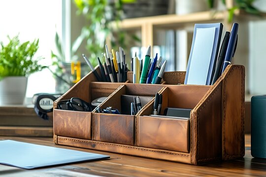 Brown Leather Desk Organizer with Pen Holders
