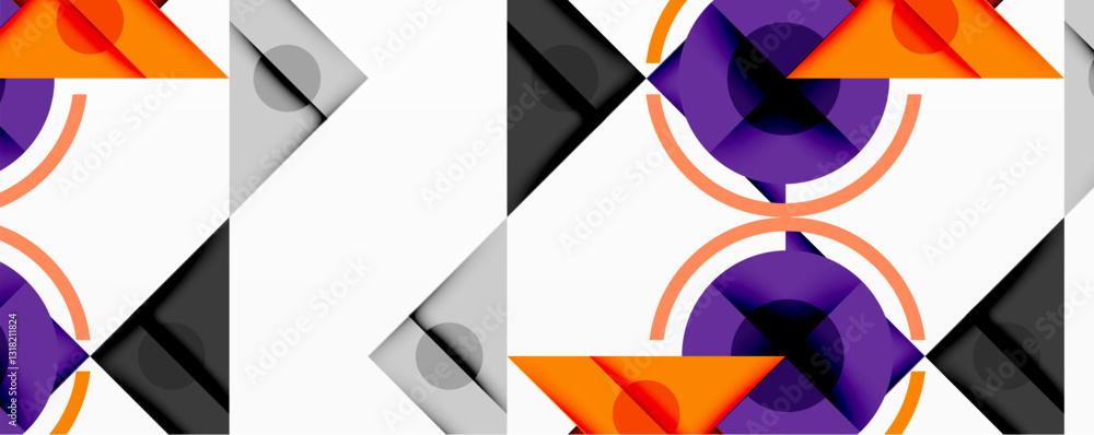 Poster abstract geometric composition with intersecting triangles, circles, and gradients, creating a dynam