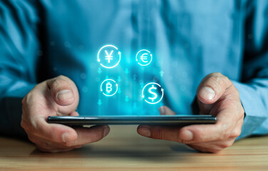 Currency exchange concept.Digital wallet payment icon on internet mobile banking, online wallet business concept. Man hold smartphone and computer laptop with online money