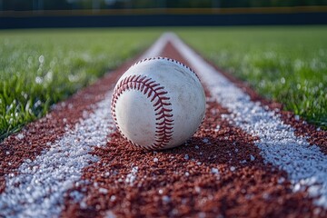 A close-up of a baseball resting on a red dirt foul line, with vibrant green grass surrounding it, showcases the texture of the leather and the dirt, indicating a lively outdoor sports setting