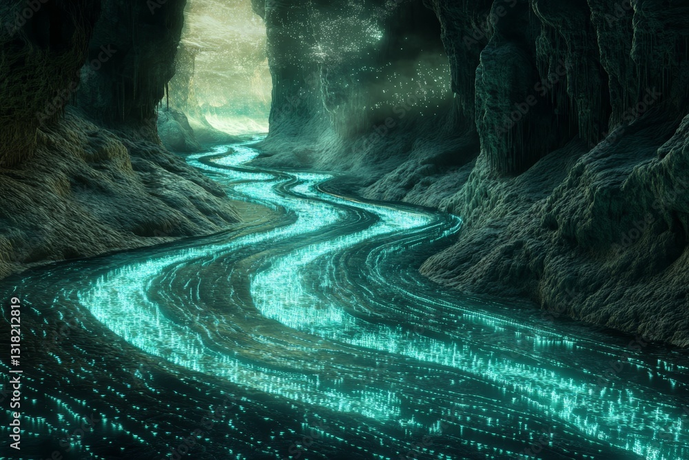 Poster a mesmerizing cave scene featuring a glowing river that elegantly flows through a mystical environme