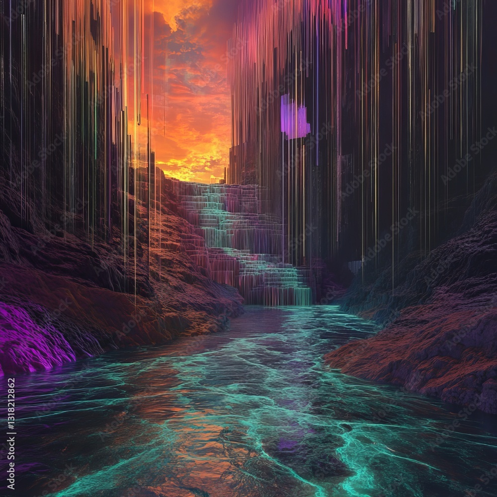 Poster this surreal image depicts flowing streams resembling data cascading like water through a vibrant an