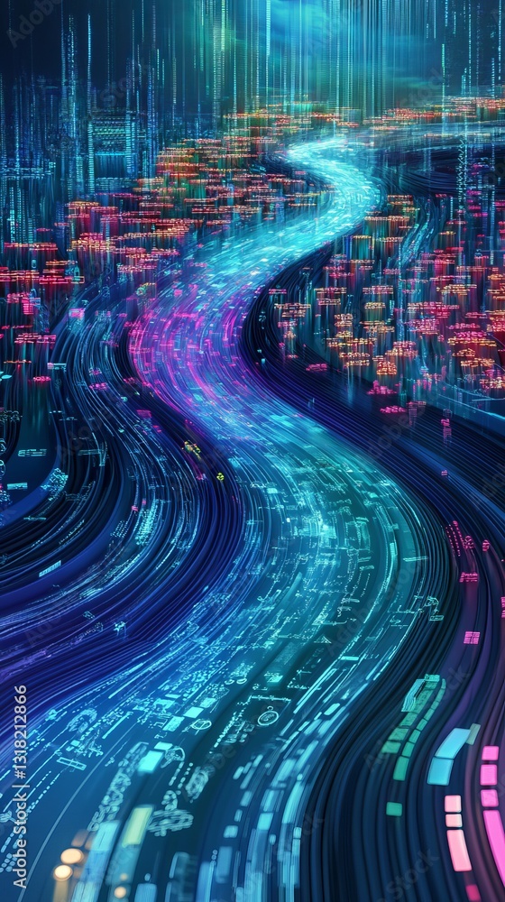 Poster experience a surreal visual journey through data streams flowing elegantly like rivers. this vibrant