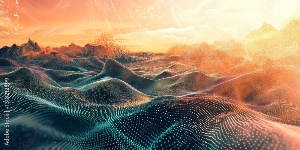 Poster this captivating abstract image features rolling waves in a digital landscape illuminated by a warm 