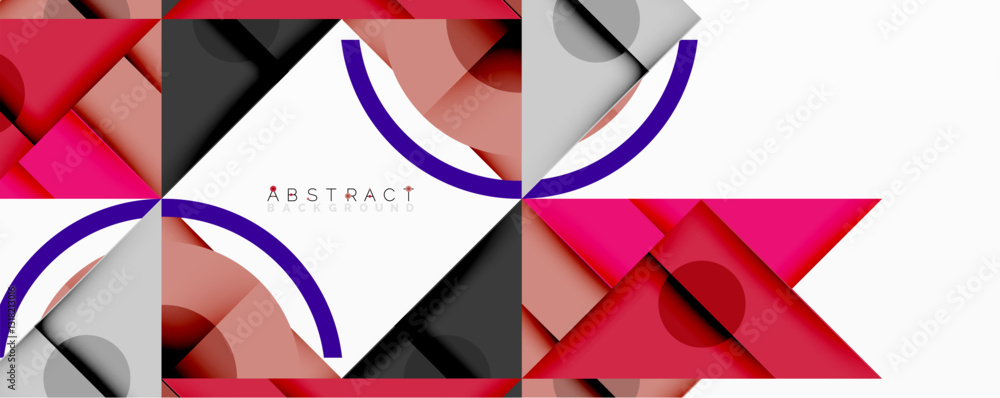 Poster abstract geometric composition with intersecting triangles, circles, and gradients, creating a dynam