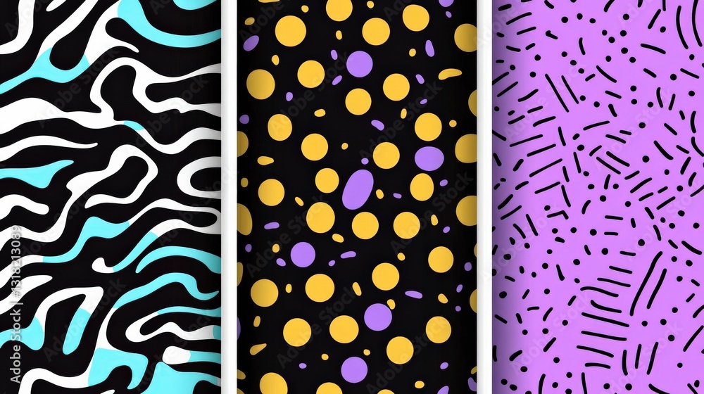 Poster vibrant abstract patterns featuring bold colors and playful designs in a seamless layout