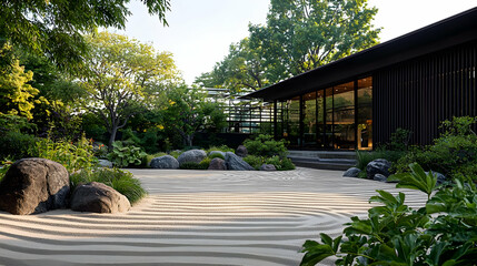 Fototapeta premium Japanese Zen Garden With Raked Sand Stone Arrangements and Contemporary Architectural Building Under Bright Sunlight