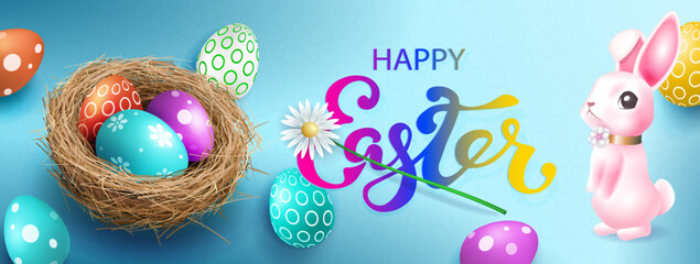 Postcard with Easter eggs in a straw nest and a cute pink bunny.