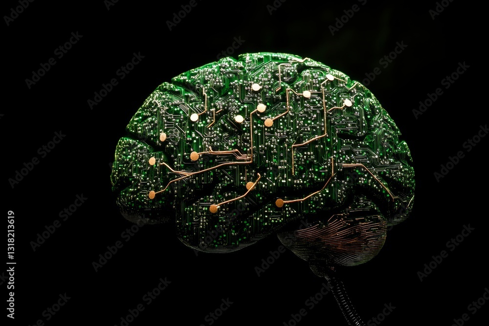 Poster this striking image features a brain designed with intricate circuit board elements, blending techno