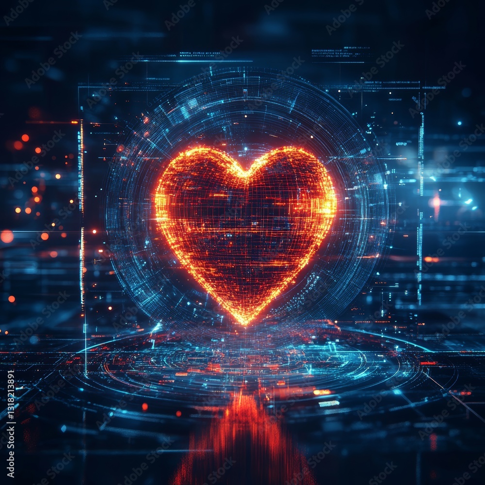Poster a heart made of computer code is lit up in a blue and red color scheme