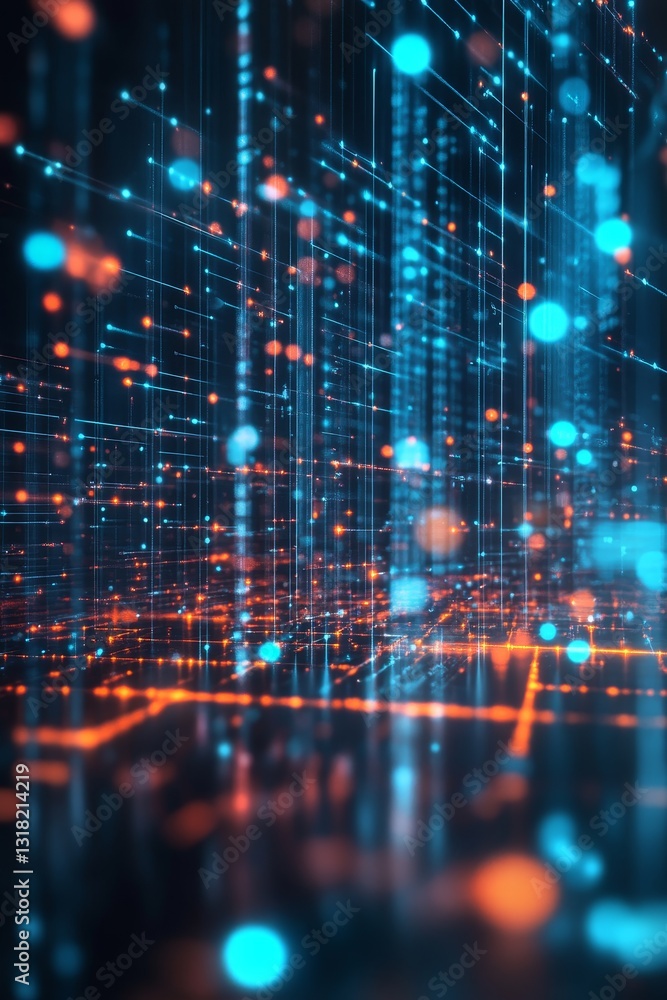 Poster a stunning futuristic abstract visualization of digital data flow featuring glowing blue and orange 