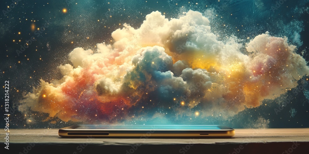 Poster a cell phone is displayed on a table with a colorful cloud in the background. concept of wonder and 