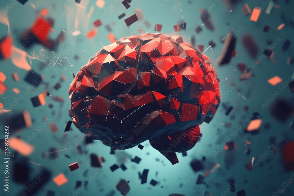 Poster a brain with a lot of red and black pieces scattered around it. the brain is broken into many pieces