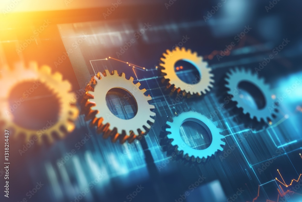 Poster this image showcases gears integrated with a technology interface, symbolizing innovation and data a