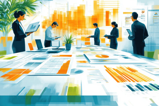 Group of diverse professionals discussing business strategies in a modern meeting room, with charts and laptops on the table.