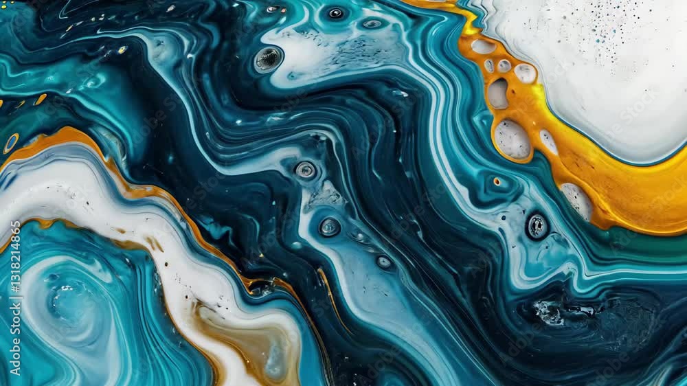 Poster abstract depiction of slow motion water waves with vibrant blue and gold hues on a white background,
