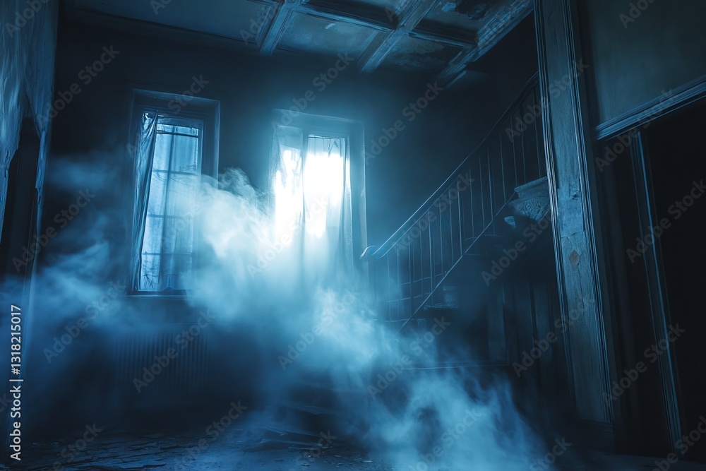 Poster a hauntingly beautiful scene capturing the ethereal mist in an abandoned room. soft light filters th