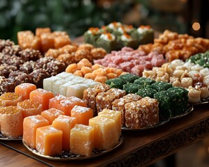 Vibrant Assortment of Traditional Sweets on Festive Platters for Cultural Celebrations