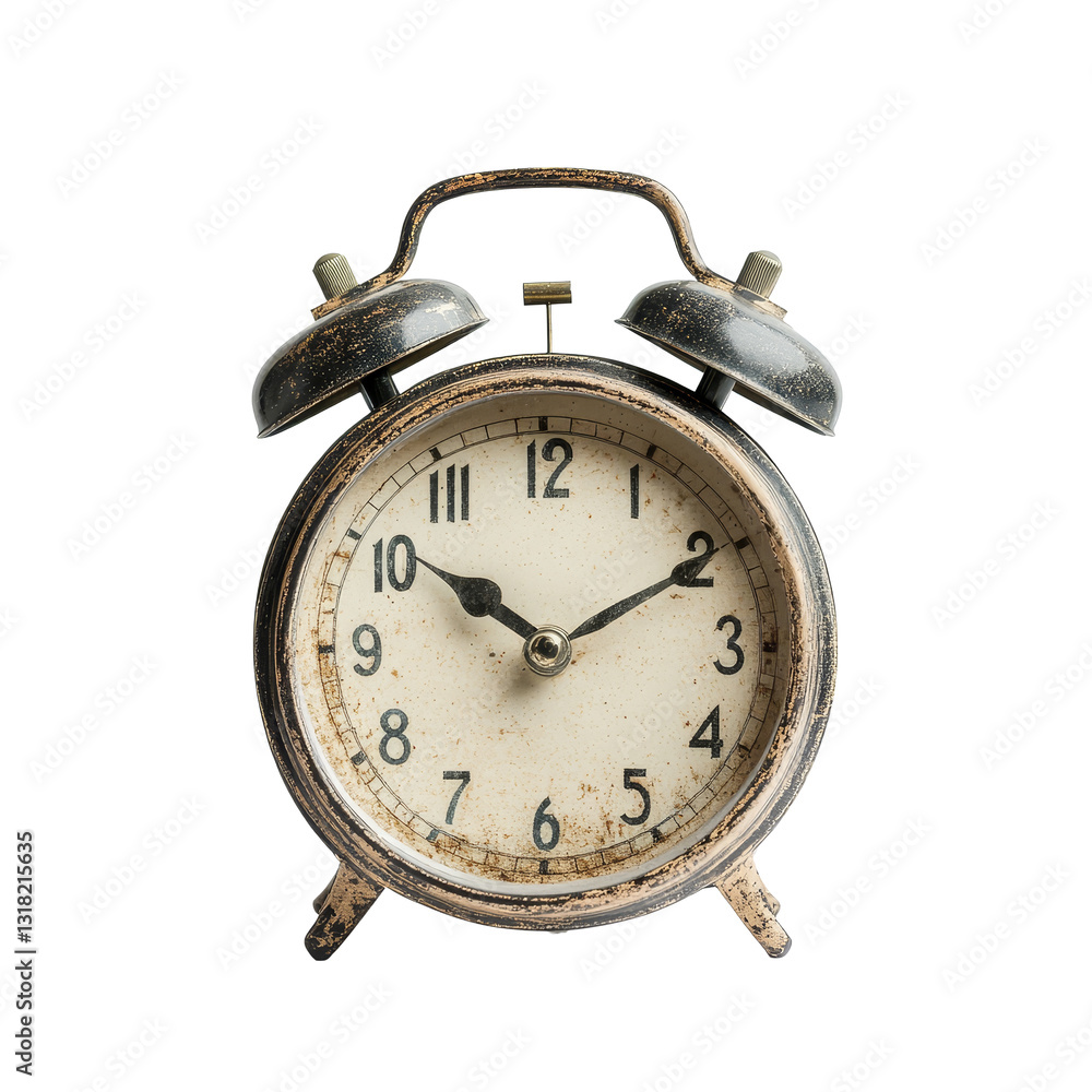Poster vintage table alarm clock with classic design and black bells on a minimalist background, vintage ta