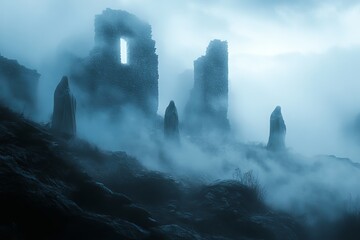 Naklejka premium An atmospheric landscape showcasing ancient ruins enveloped in fog, with ghostly figures creating a haunting scene that evokes mystery and intrigue.