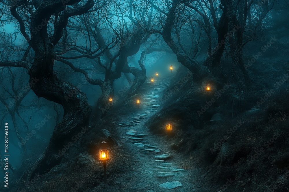 Poster a mystical forest pathway illuminated by glowing lanterns, surrounded by twisting trees and envelope