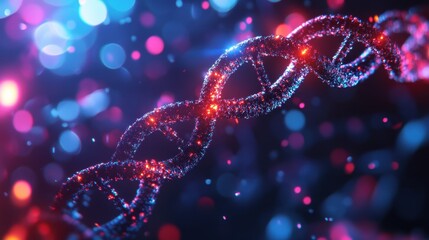 Abstract DNA Strand with Glowing Lights and Blurred Background